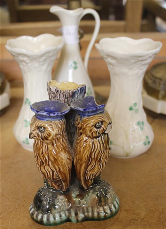 Pair Belleek vases, jug & Majolica owl spill vase, etc